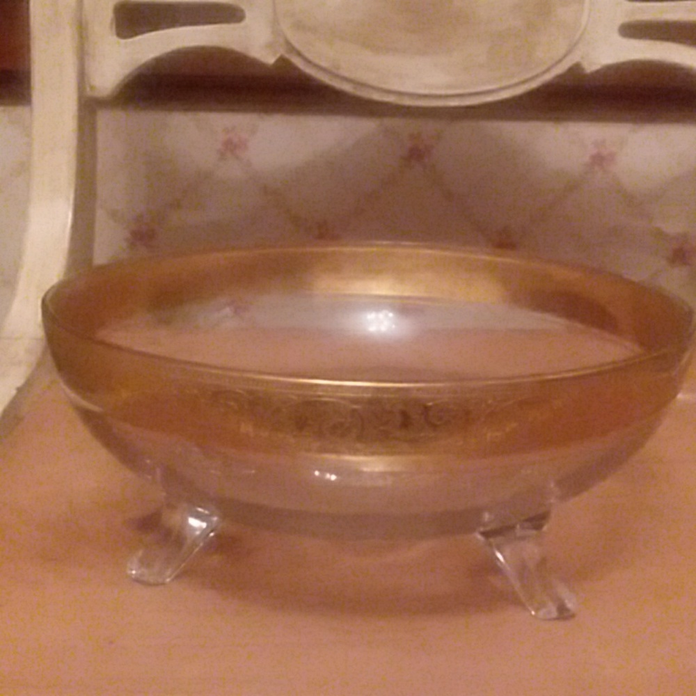 Antique glass footed fruit bowl with gold leaf rim
